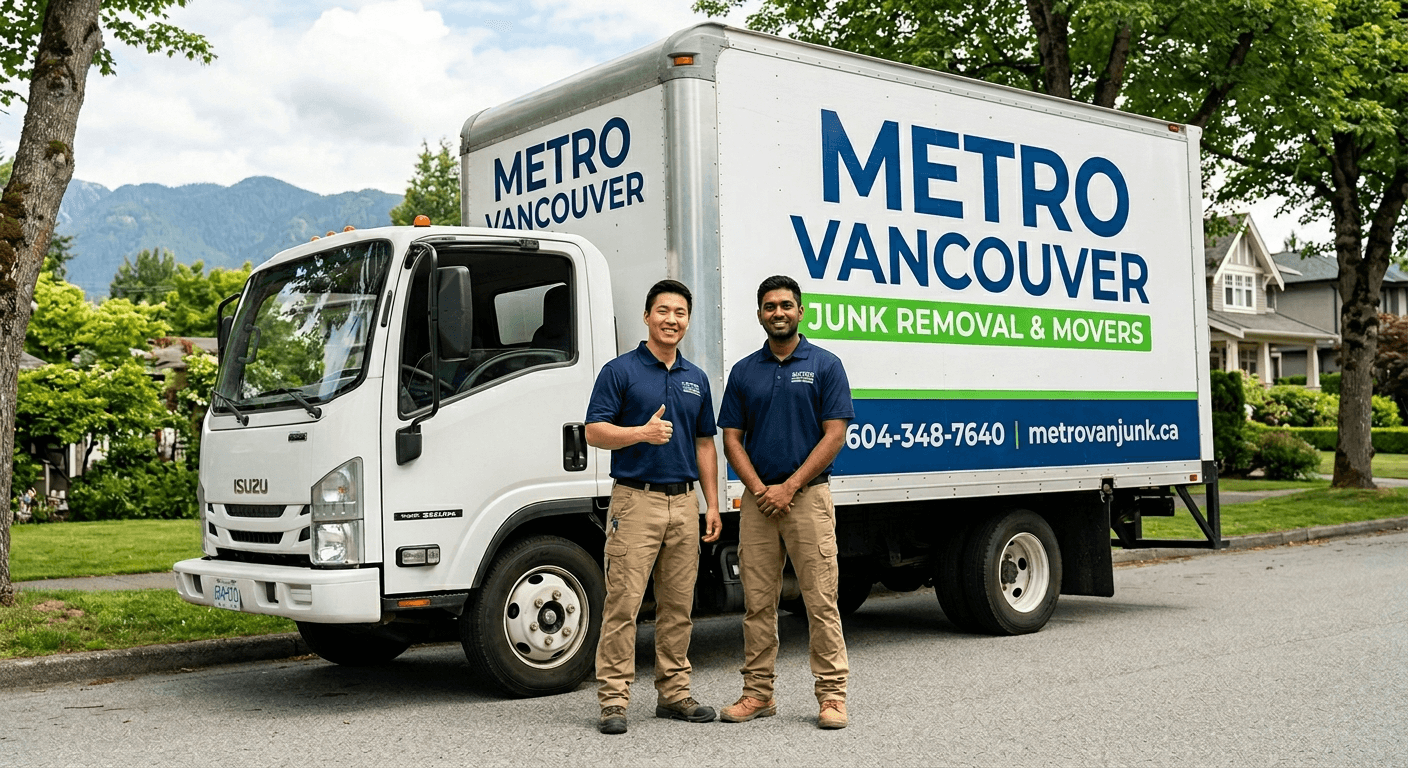 Two Metro Vancouver Junk Removal & Movers crew members beside the company's branded box truck on a residential street